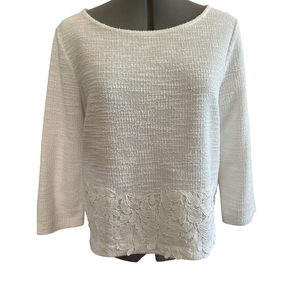 Ann Taylor Womens Off-White Textured Knit Top With 3/4 Sleeves Lace Hem Detail M - Picture 1 of 8